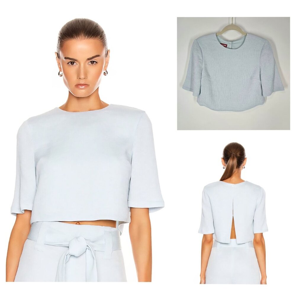 Staud Blue Ribbed Florence Top Cropped Slit Back Short Sleeve Women's Size Small
